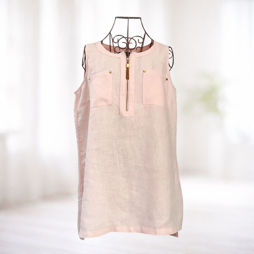 Ellen Tracy Blush Pink Sleeveless Linen Tunic Tank Henley M Lagenlook Cruise